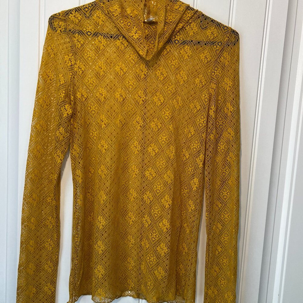 Free People Sweet Memories Sheer Lace Turtleneck Top in Marigold